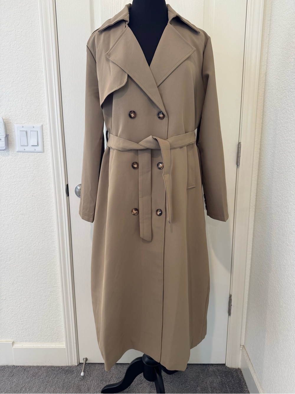 Double-Breasted Trench Coat in Taupe with Self-Tie Belt